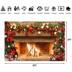 Lofaris Christmas Fireplace Backdrop Winter Xmas Tree Colorful 5x3ft, Gold