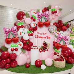 Cherry Balloon Arch Kit, Burgundy Pink White Transparent Pink Bow Red Cherry