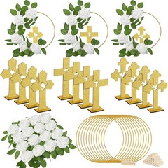 48 Pcs Baptism Centerpiece Set First Communion Decor Wooden Cross Floral Hoop