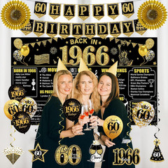 60Th Birthday Decorations Kit for Men Women, Black Gold 24PCS Back in 1966 Banne
