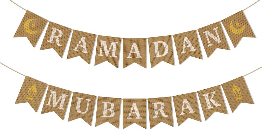 Jute Burlap Ramadan Mubarak Banner with Moon and Star Ramadan Home Mantel Fir…
