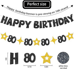 Happy 80Th Birthday Banner-Black Gold 80Th Birthday Decorations for Women Men,Gl