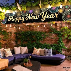 KatchOn Happy New Year Banner – Large 120×20 Inch | Gold and Black