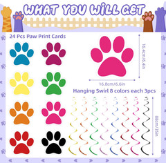 24 Pcs Dog Paw Prints Themed Party Hanging Swirl 8 Colors Puppy Birthday Decorat