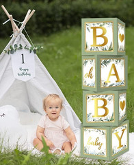 RUBFAC Sage Green Baby Boxes with Letters for Baby Shower, 4Pcs Safari Baby Show
