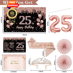25th Birthday Decorations for Women Happy 25 Years Old Black Rose Gold