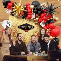 Casino Balloon Arch Garland Kit with Red Black and Gold Balloons Dice Boxes Rand