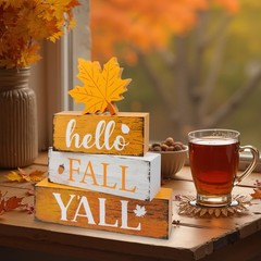 4Pcs Hello Fall Wooden Tiered Tray Decor Maple Leaf Autumn Decorations Home Gift
