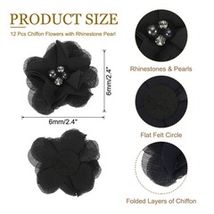 12Pcs 2″ Chiffon Flowers with Rhinestone Pearl Sewing Fabric Flowers, Black
