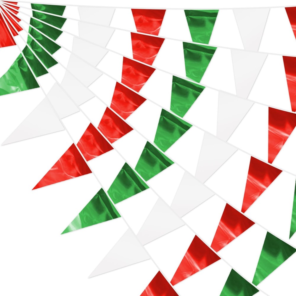 65FT White Green Red Glitter Triangle Pennant Banner Flag Metallic Bunting Fa…