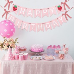 2Pcs Happy Banner, Strawberry Bow, Pink White