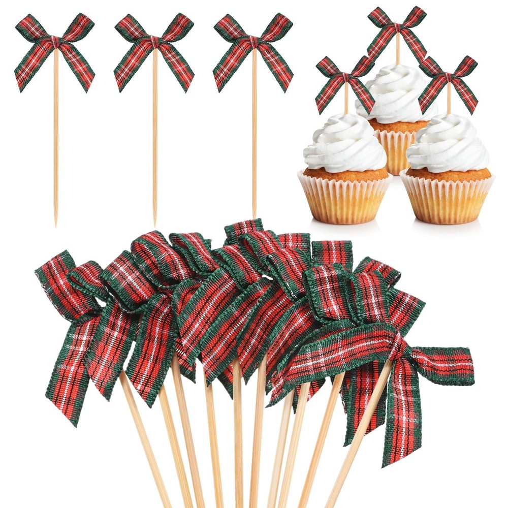 M METERXITY 30Pack Bow Cupcake Toppers, Ribbon Bow Cake Toppers Plaid Bowknot…