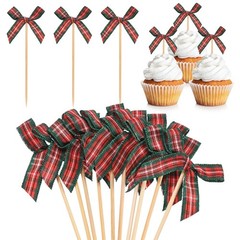 M METERXITY 30Pack Bow Cupcake Toppers, Ribbon Bow Cake Toppers Plaid Bowknot…