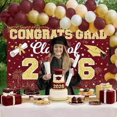 Graduation Backdrop 2026 – Congrats Grad Banner Class of 2026 Maroon Gold Gra…