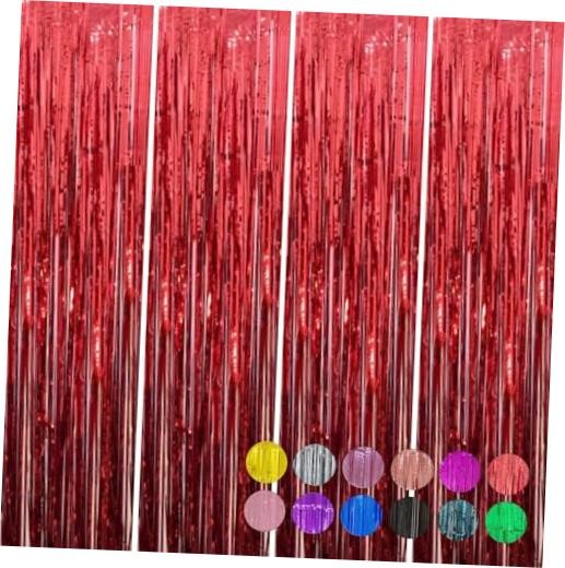4 Pack Foil Curtain Backdrop 3.6×7.3 Ft, Tinsel 43″W x 87″L (Pack of 4) Red
