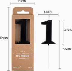 PHD CAKE 2.76 Inch Modern Black 1 Number Birthday Candles, 1,
