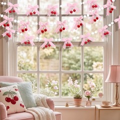 2-Pack 8ft Pink Cherry Bow Felt Garland, Coquette Aesthetic Nursery Decor, Ha…
