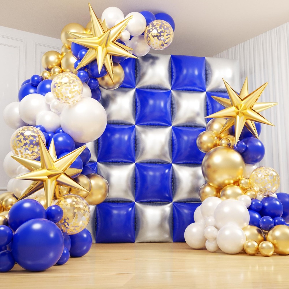 Royal Blue and Silver Checkered Square Foil Balloons Backdrop Wall, Double Si…