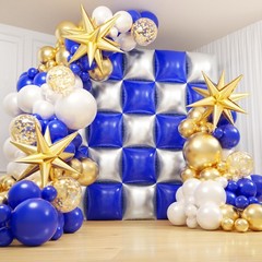 Royal Blue and Silver Checkered Square Foil Balloons Backdrop Wall, Double Si…