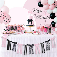 Black and Pink Polka Dot Bow Garland, Black Lace Ribbon Bows Banner Garland Deco