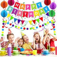 Happy Birthday Banner Party Decorations Set Confetti Garland Swirls Kit