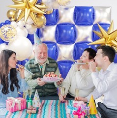 Royal Blue and Silver Checkered Square Foil Balloons Backdrop Wall, Double Si…