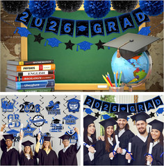 Blue Graduation Decorations, 2026 Grad Banner and Congrats Grad Hanging Swirls,