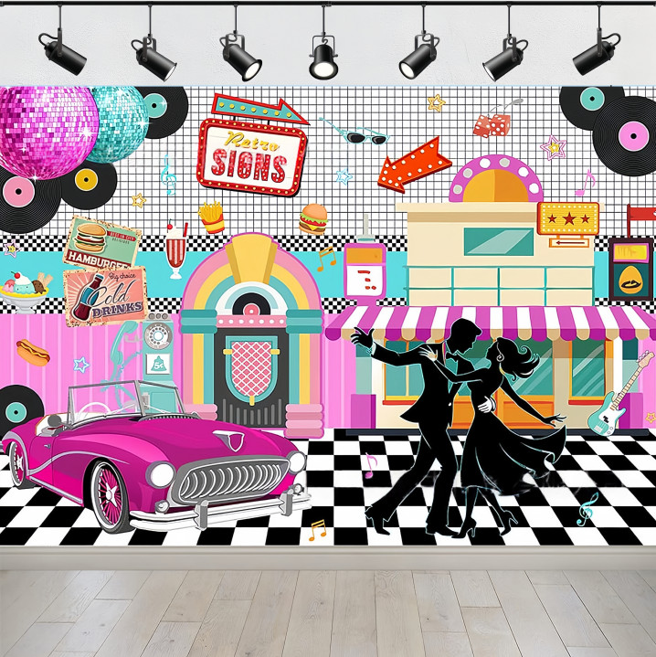 50s Retro Rock Roll Diner Backdrop Banner 1950s Sock Hop Background Party Decor