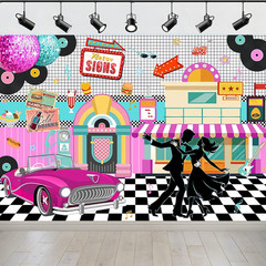 50s Retro Rock Roll Diner Backdrop Banner 1950s Sock Hop Background Party Decor