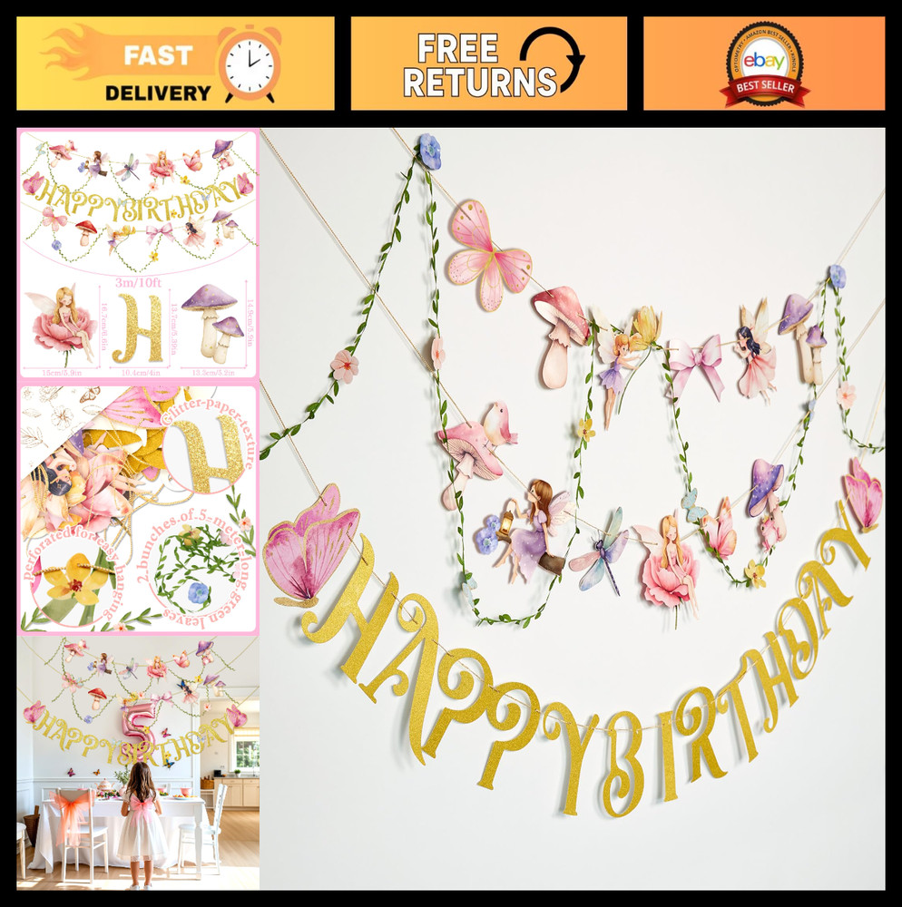 Fairy Birthday Party Banner – Flower Mushroom Garland, Leaf Vine Decor for Girls