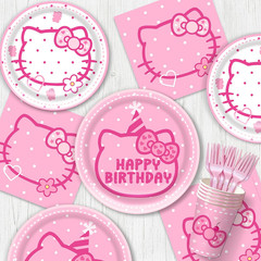 Cut Cat Birthday Decorations Pink Themed Party Supplies Set Including Banner,