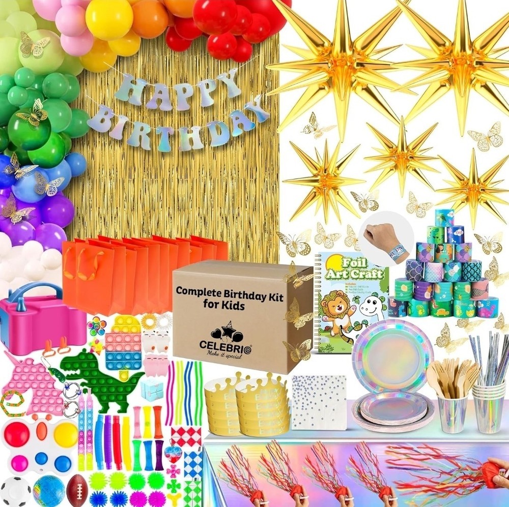 Kid’s Happy Birthday Decorations Kit – 505-Piece Set with Gold Decor, Tableware,