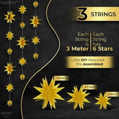 KatchOn, 3D Gold Star Garland Decorations – 30 Feet, Pack of 3 | 3d