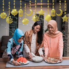 Ramadan Eid Mubarak Hanging Decorations for Home, 6 Pcs Pre-Tied Hanging Golden
