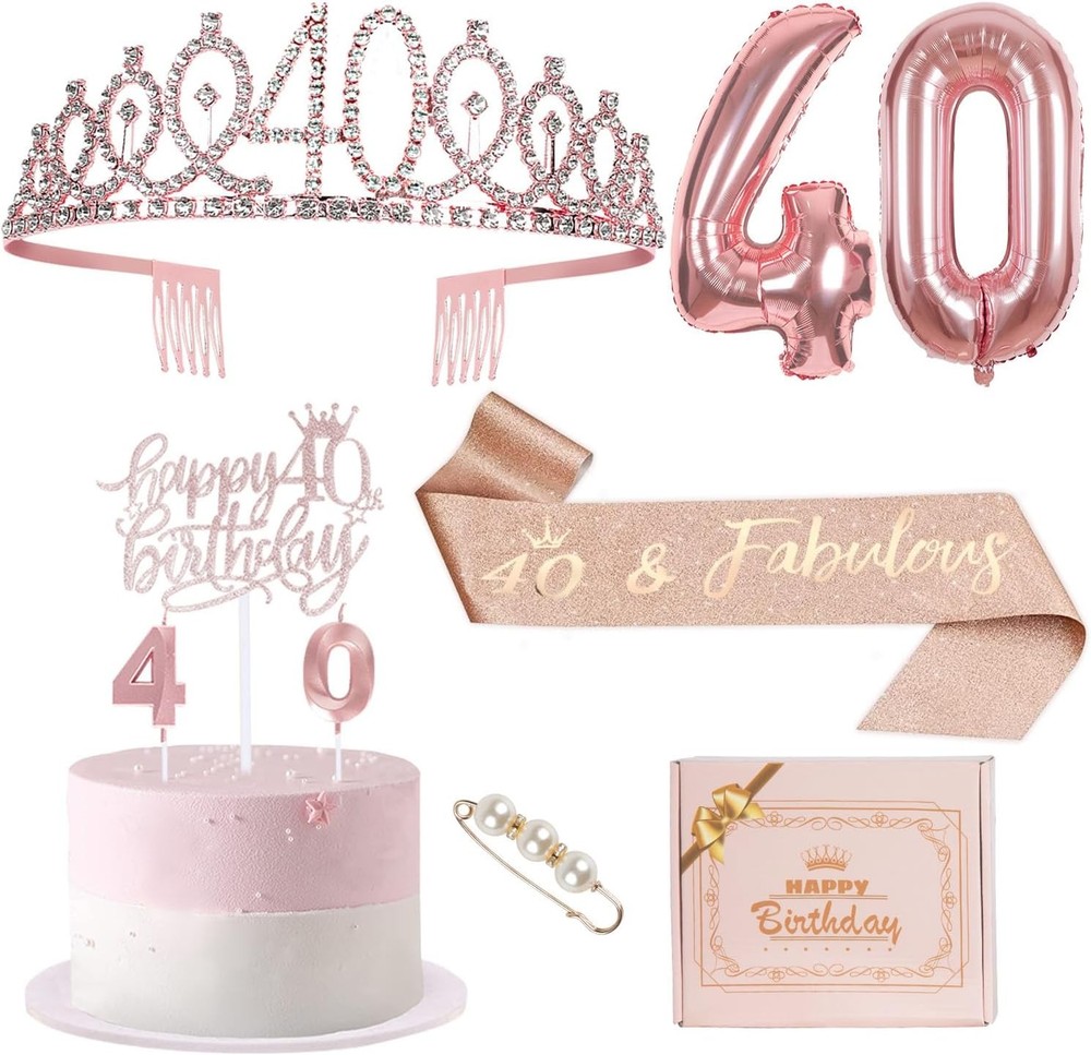 MDCGFOD 40th Birthday Party Kit for Women – Rose Gold Decor with Crown, Sash, Ba