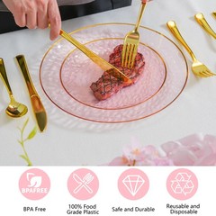 72Pcs Pink Plastic Plates, Pink Disposable Plates With Gold Rim, Hammered Par…