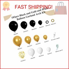 182pcs Black and Gold Balloons Garland Arch Kit, 5 10 12 18 inch Black White Met