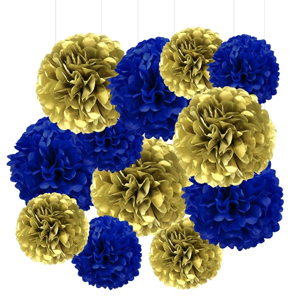 12 PCS Navy Blue Gold Tissue Paper Pom Poms Flower Ball Party Decor 10/12in