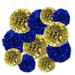 12 PCS Navy Blue Gold Tissue Paper Pom Poms Flower Ball Party Decor 10/12in