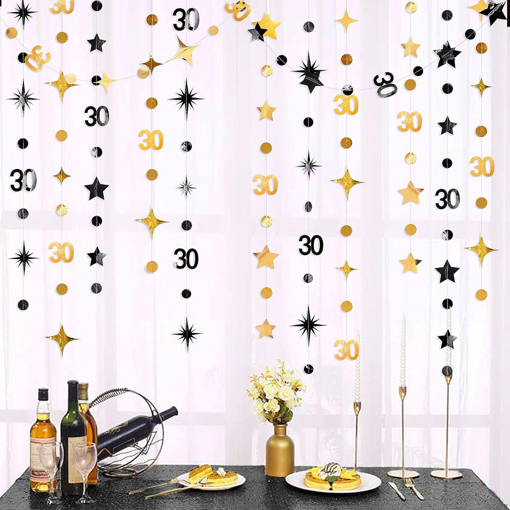 Black Gold 30Th Birthday Decorations Number 30 Circle Dot Twinkle Star Garland M