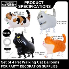 «4 Pack Walking Cat Animal Balloons for Kids Birthday Party Pet Theme Decoration