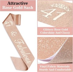 Elegant 41st Birthday Decorations Set: Sash, Crown, Candles in Rose Gold