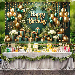 Green Gold Happy Birthday Background Banner 71×43 Inch Glitter Balloon Green Lea