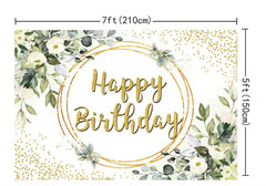 Happy Birthday Backdrop Gold and Green Eucalyptus Leaf Party Deco 7x5ft Polyeste