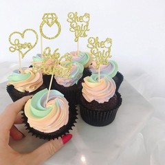 He Asked She Said Yes Cupcake Toppers Gold Glitter Diamond Ring Heart Love Ca…