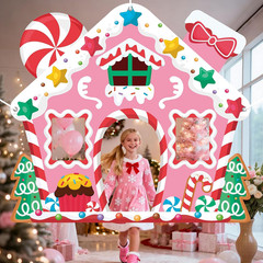 Life Size Pink Gingerbread House Christmas Decoration Holiday Backdrop for Indoo
