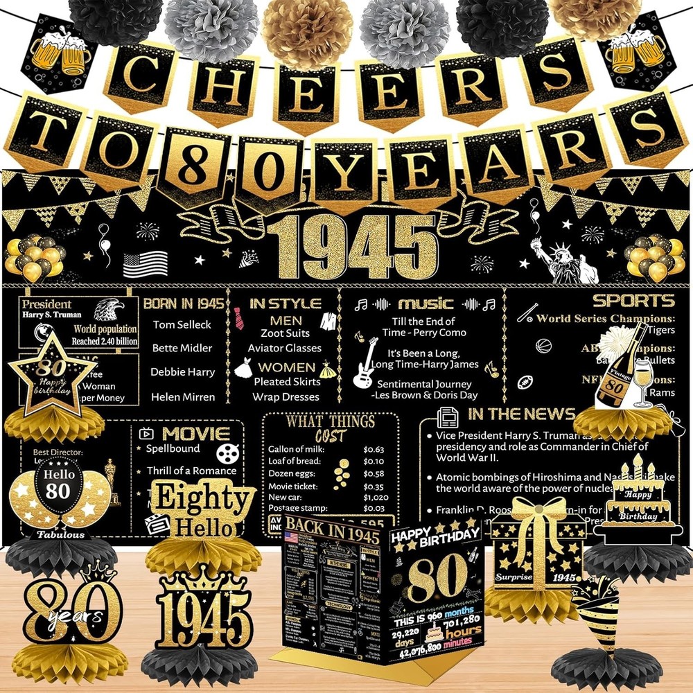 80th Birthday Decorations for Women Men, 18PCS Black Gold Back in 1945 Banner…