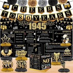 80th Birthday Decorations for Women Men, 18PCS Black Gold Back in 1945 Banner…