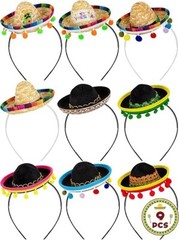 9 Pieces Mini Sombrero Headbands with Ball Fringe, Fabric Fiesta Costume Acce…