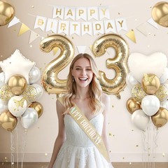 23rd Birthday Decorations Set – 10 White Cream, 10 Gold Balloons, Cake Topper
